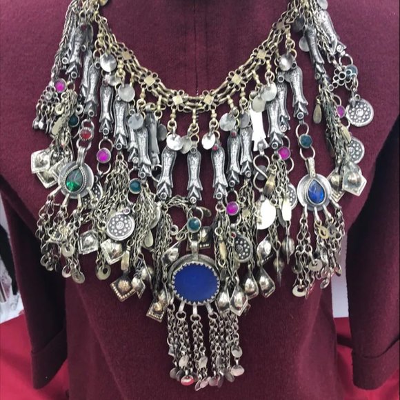 Afghan Vintage Silver Kuchi Fish Oversized Choker Necklace, Kuchi Jewelry, - Picture 5 of 7
